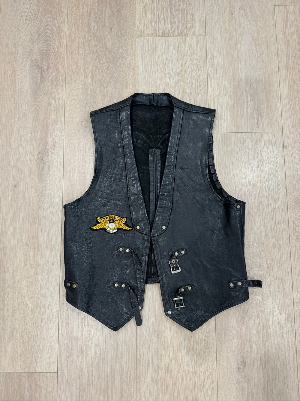Vintage Harley Davidson Black Leather Biker Vest with Large Back Patch